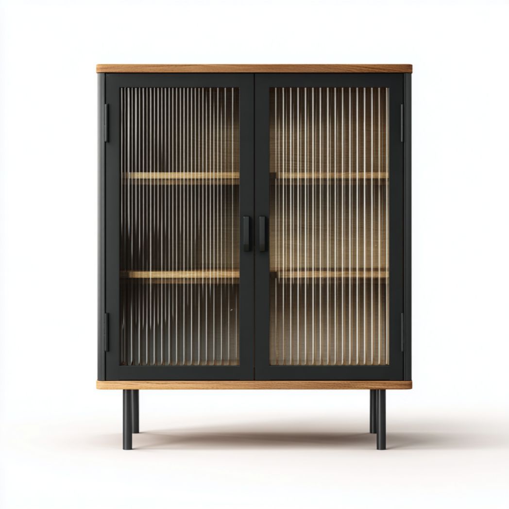 Vitrine en bois noir avec portes vitrées à rainures verticales