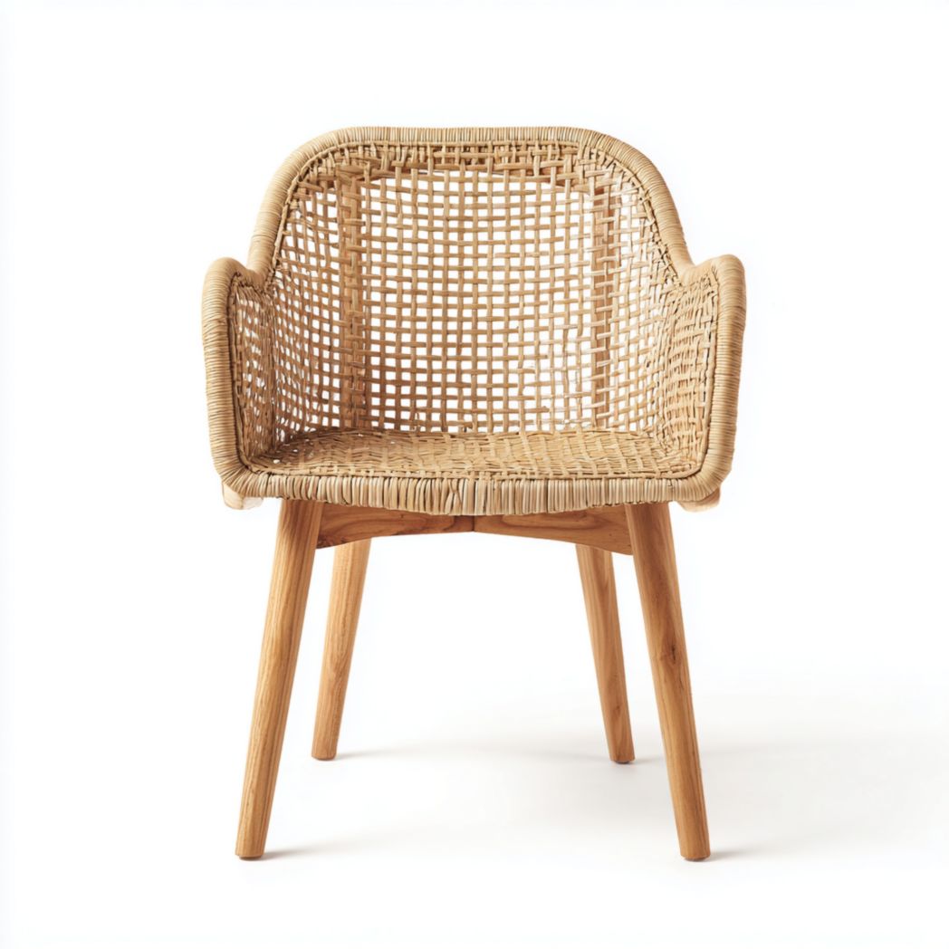 Fauteuil en bois naturel avec dossier et assise en rotin