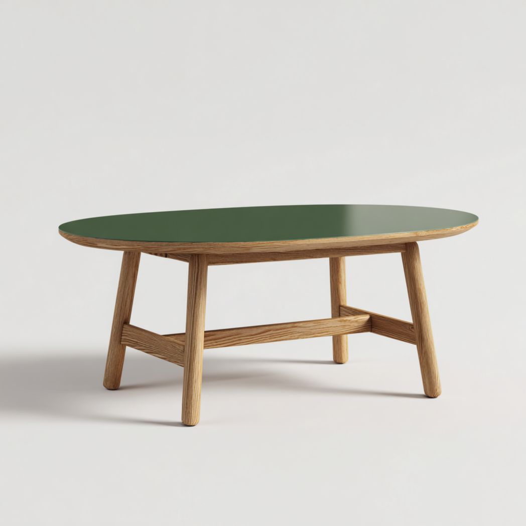 Table de jardin ovale avec plateau vert et structure en bois