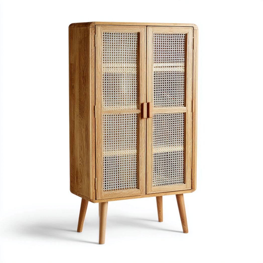 Bibliothèque en bois naturel avec portes à double battant en cannage et étagères intérieures