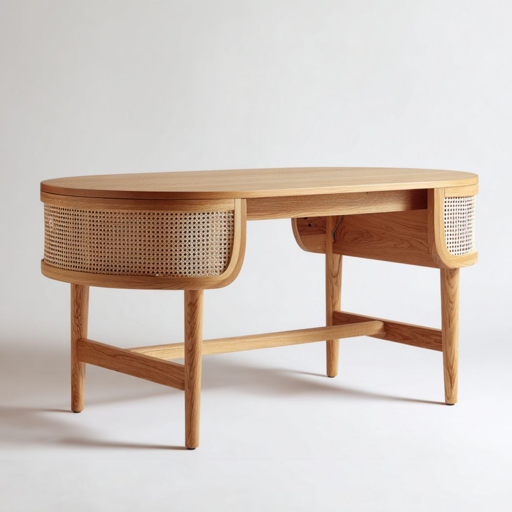 Bureau ovale en bois clair avec éléments en rotin