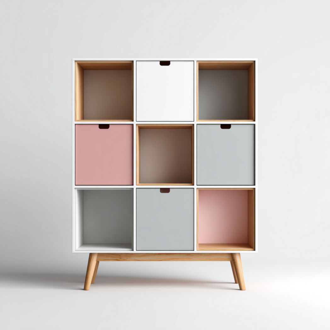 Bibliothèque à neuf cases en bois avec tiroirs colorés et cadre blanc sur pieds en bois