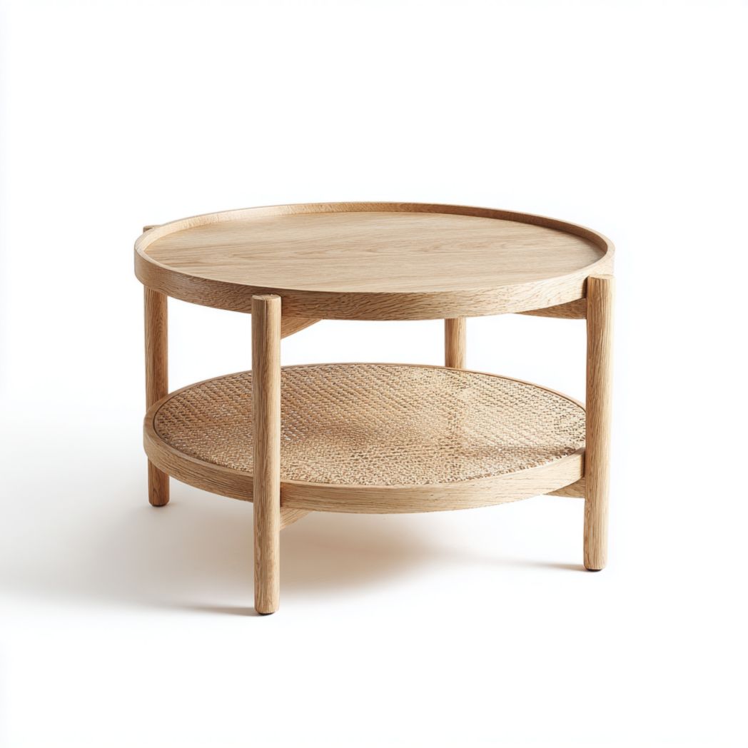 Table basse ronde en bois avec étagère en rotin