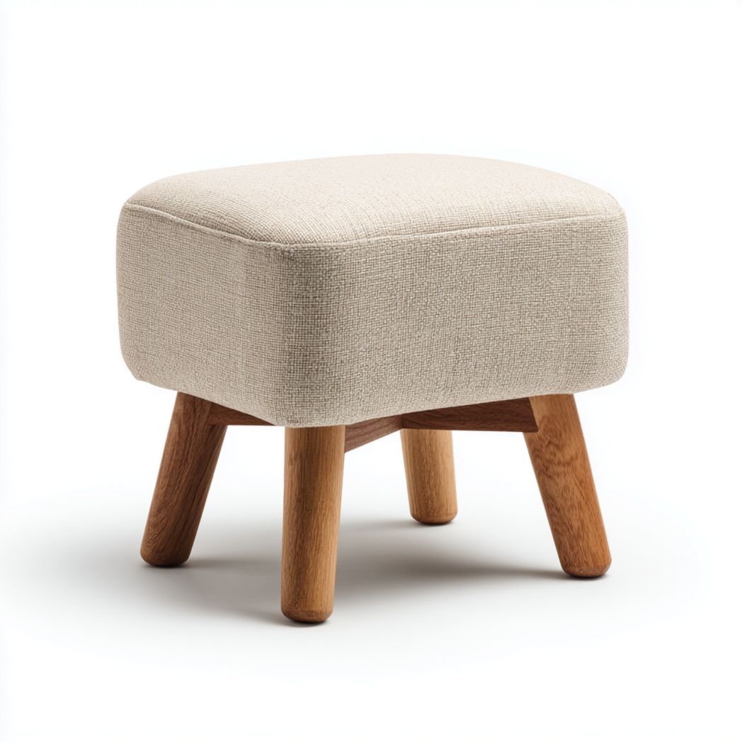 Tabouret carré avec assise en tissu beige et piètement en bois à quatre pieds, unité unique