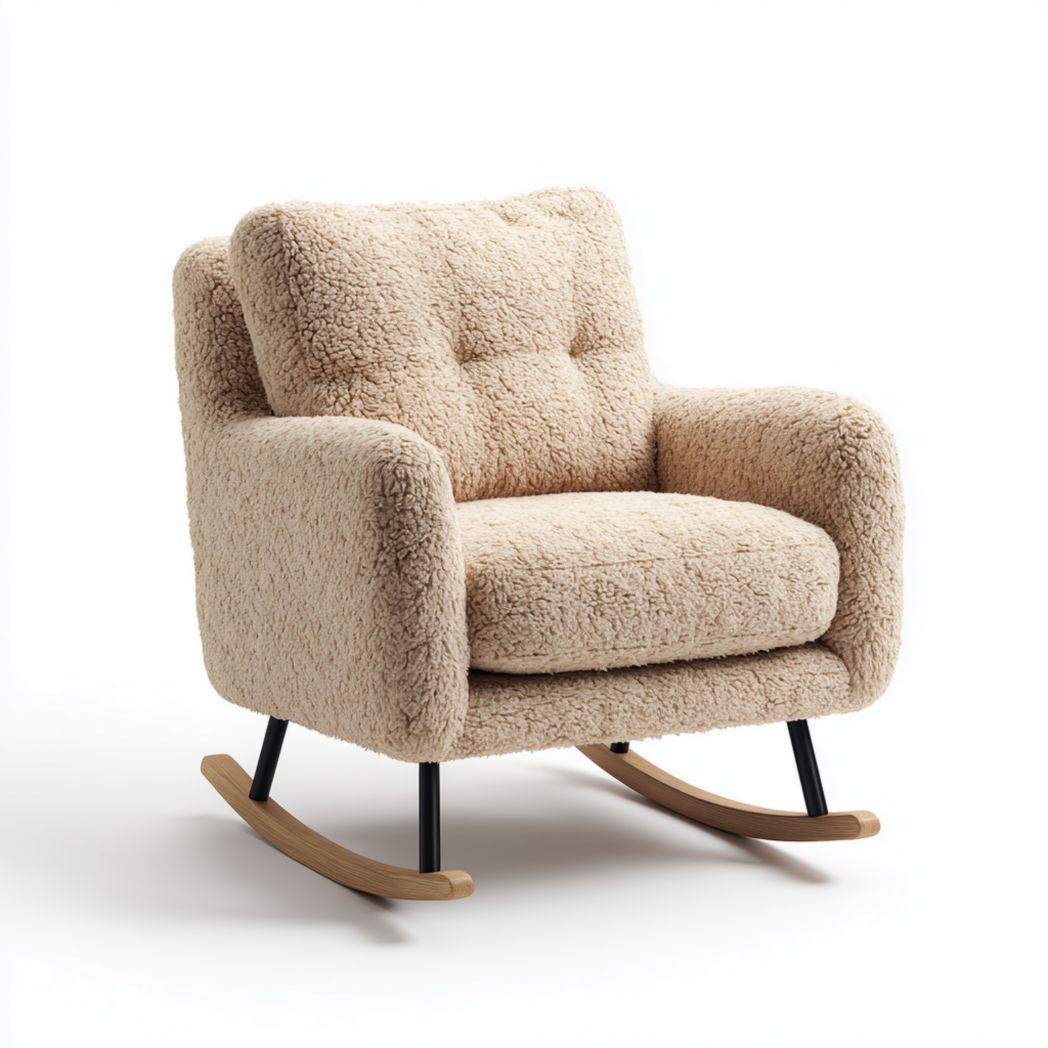 Fauteuil à bascule en tissu effet laine beige avec dossier capitonné, structure métal noir et pieds en bois courbés