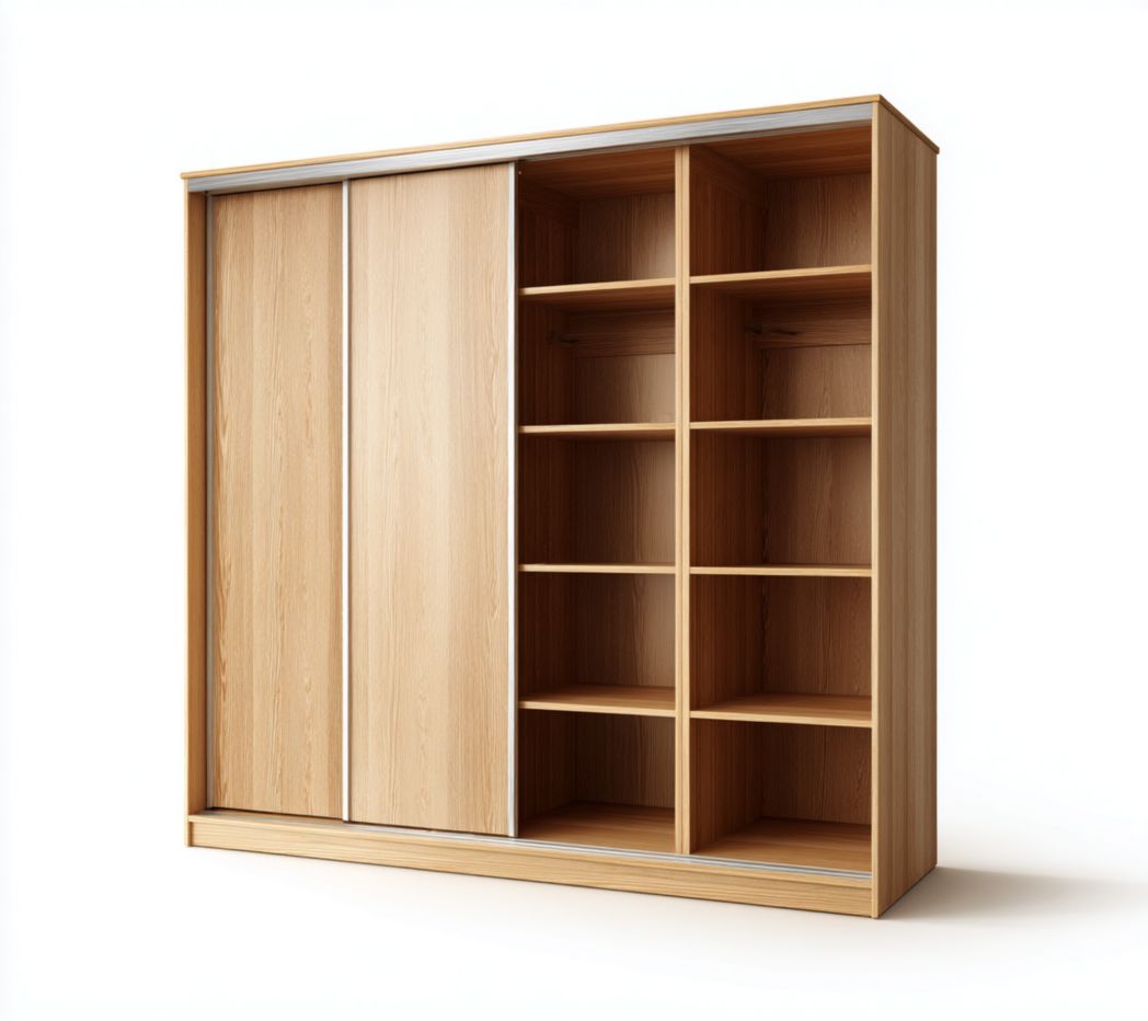 Armoire en bois naturel à deux portes coulissantes et compartiments multiples