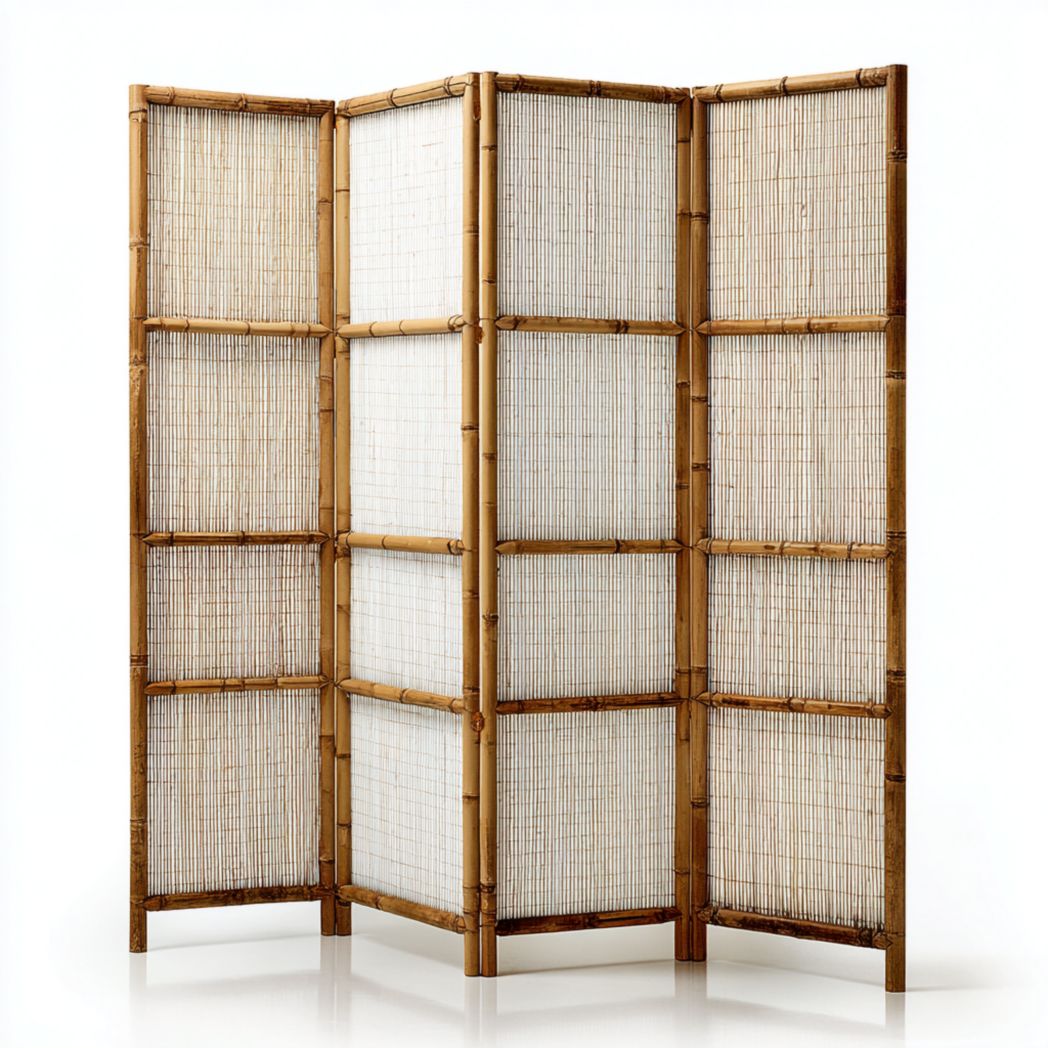 Paravent pliant à quatre panneaux cadre en bambou et panneaux tressés couleur naturelle