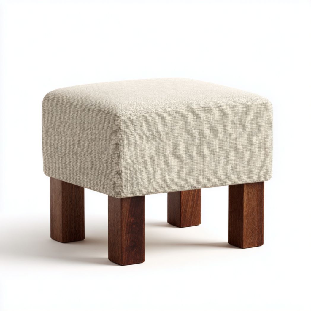 Tabouret carré en tissu beige avec pieds en bois