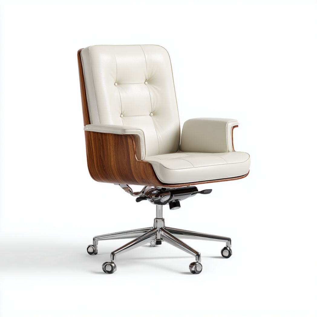 Chaise de bureau pivotante en cuir ivoire avec finition noyer