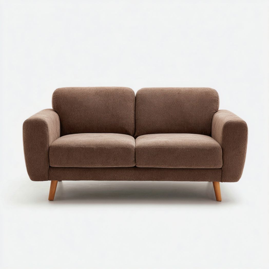 Canapé droit en tissu brun deux places avec pieds en bois