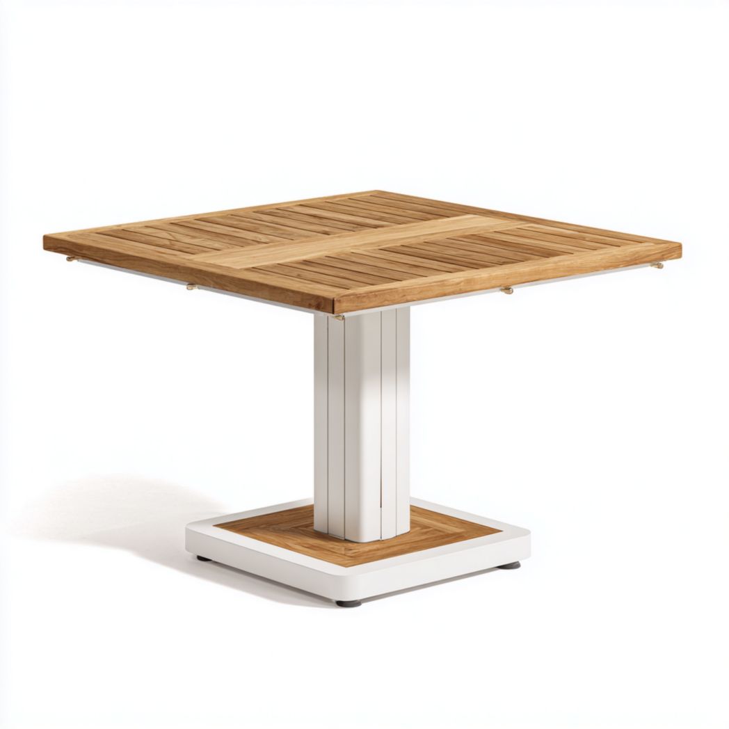 Table de jardin carrée en teck avec base en aluminium