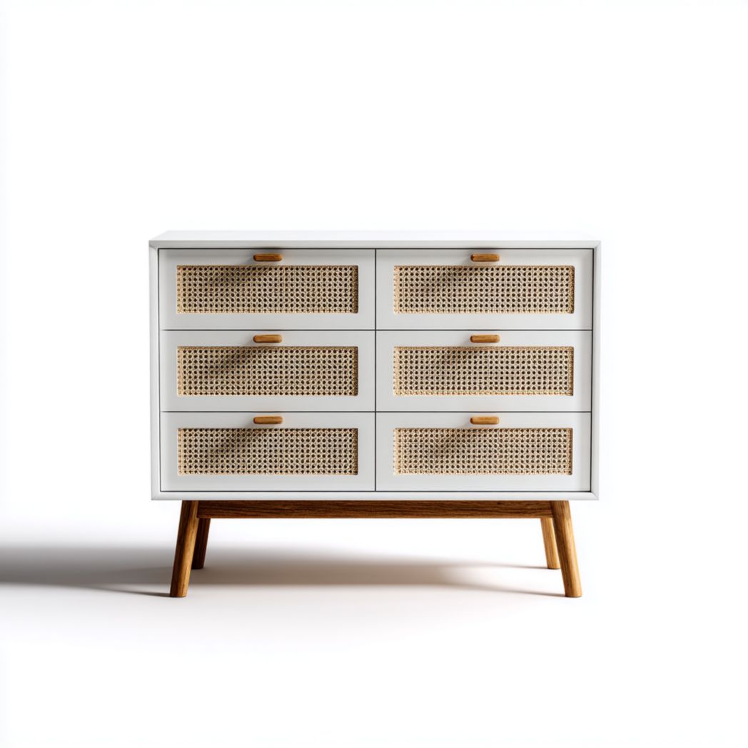 Commode 6 tiroirs | caisson en bois blanc | façades en rotin | poignées et pieds inclinés en bois