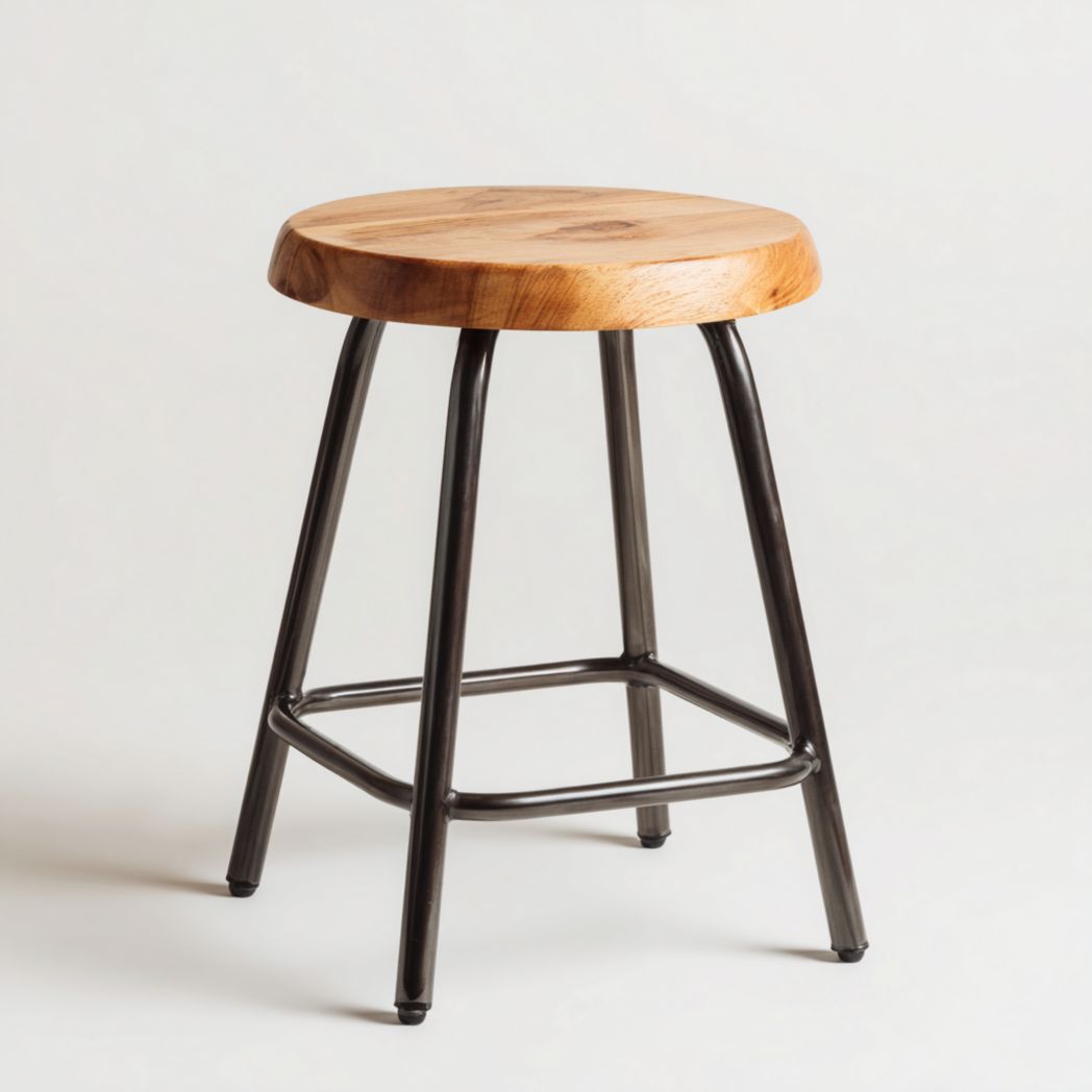 Tabouret haut rond en bois et métal noir