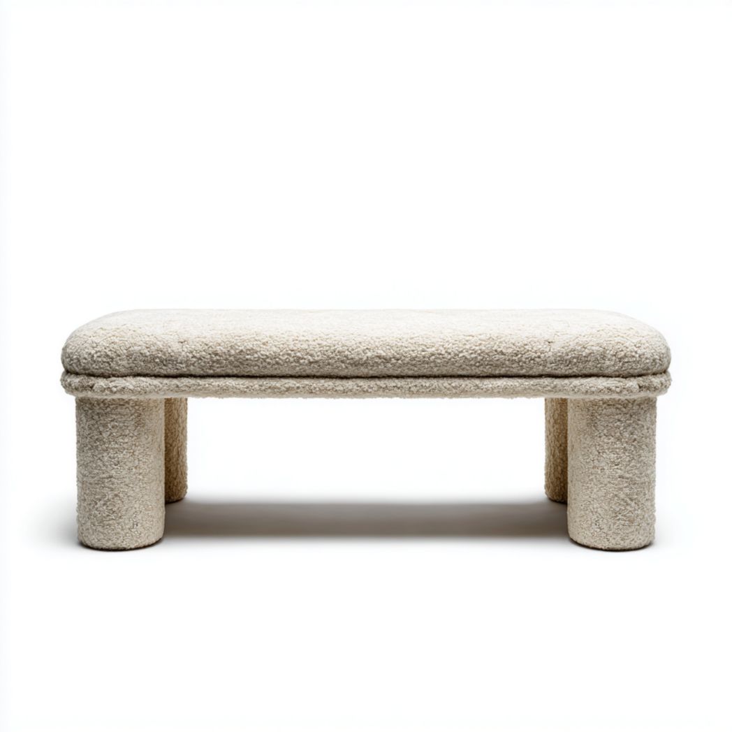 Banc en tissu bouclette écru pieds cylindriques