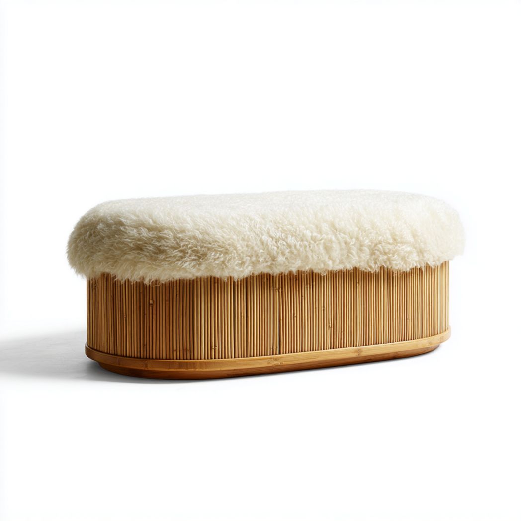 Banc ovale sans dossier base en bambou et assise en tissu bouclette écru