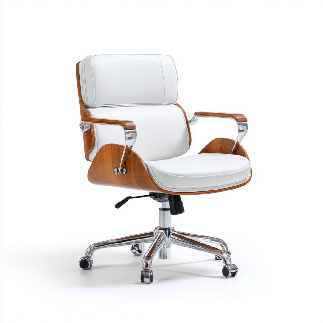 Chaise de bureau en similicuir blanc avec placage noyer