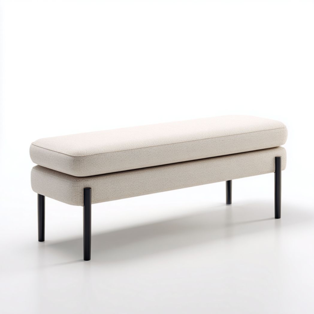 Banc rectangulaire sans dossier en tissu écru à double assise et pieds en métal noir