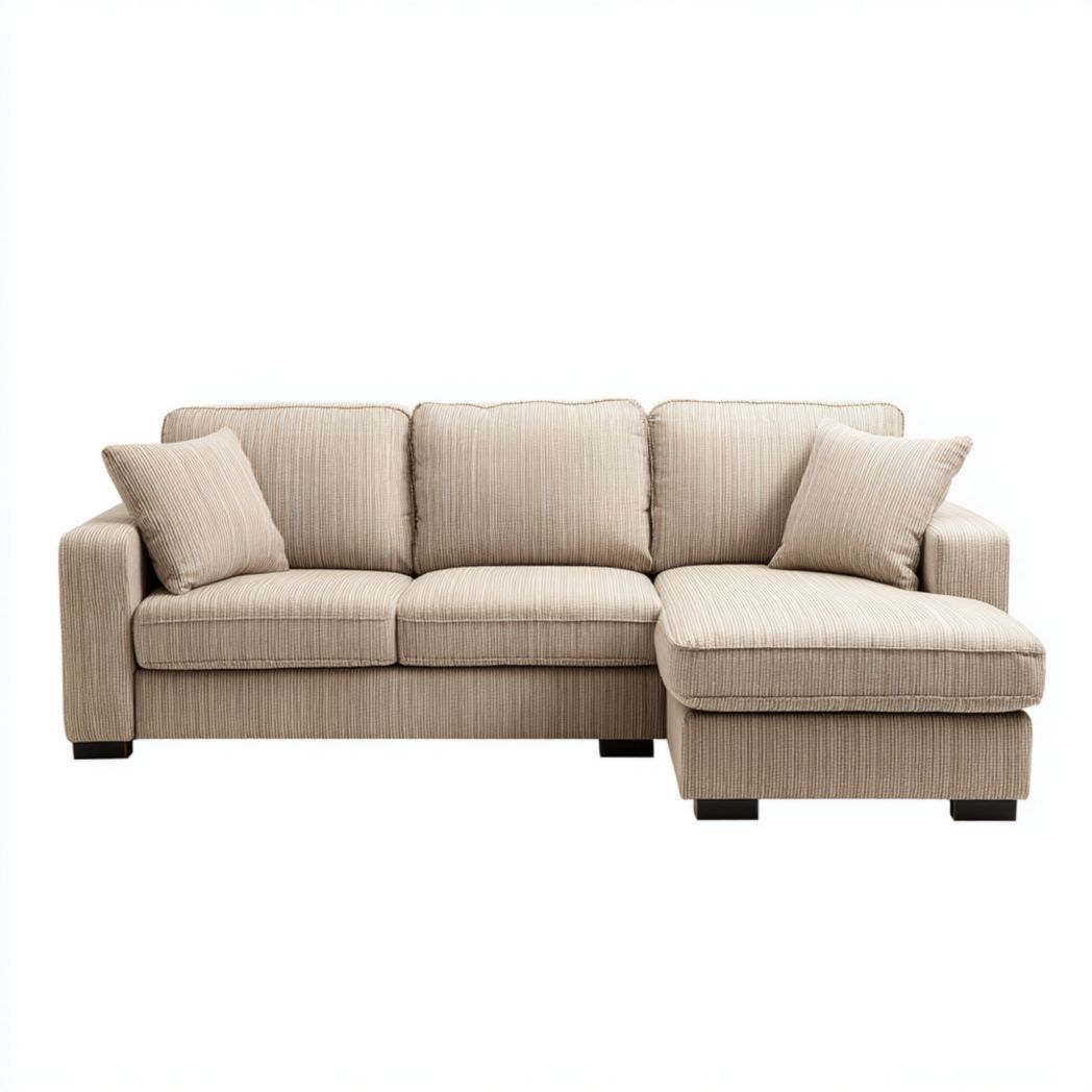 Canapé d’angle en velours côtelé beige avec méridienne droite et 2 coussins