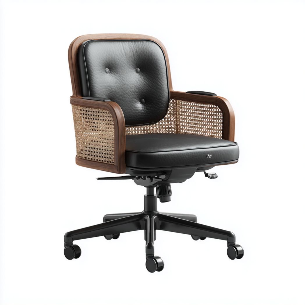 Chaise de bureau en similicuir noir avec structure en noyer et rotin