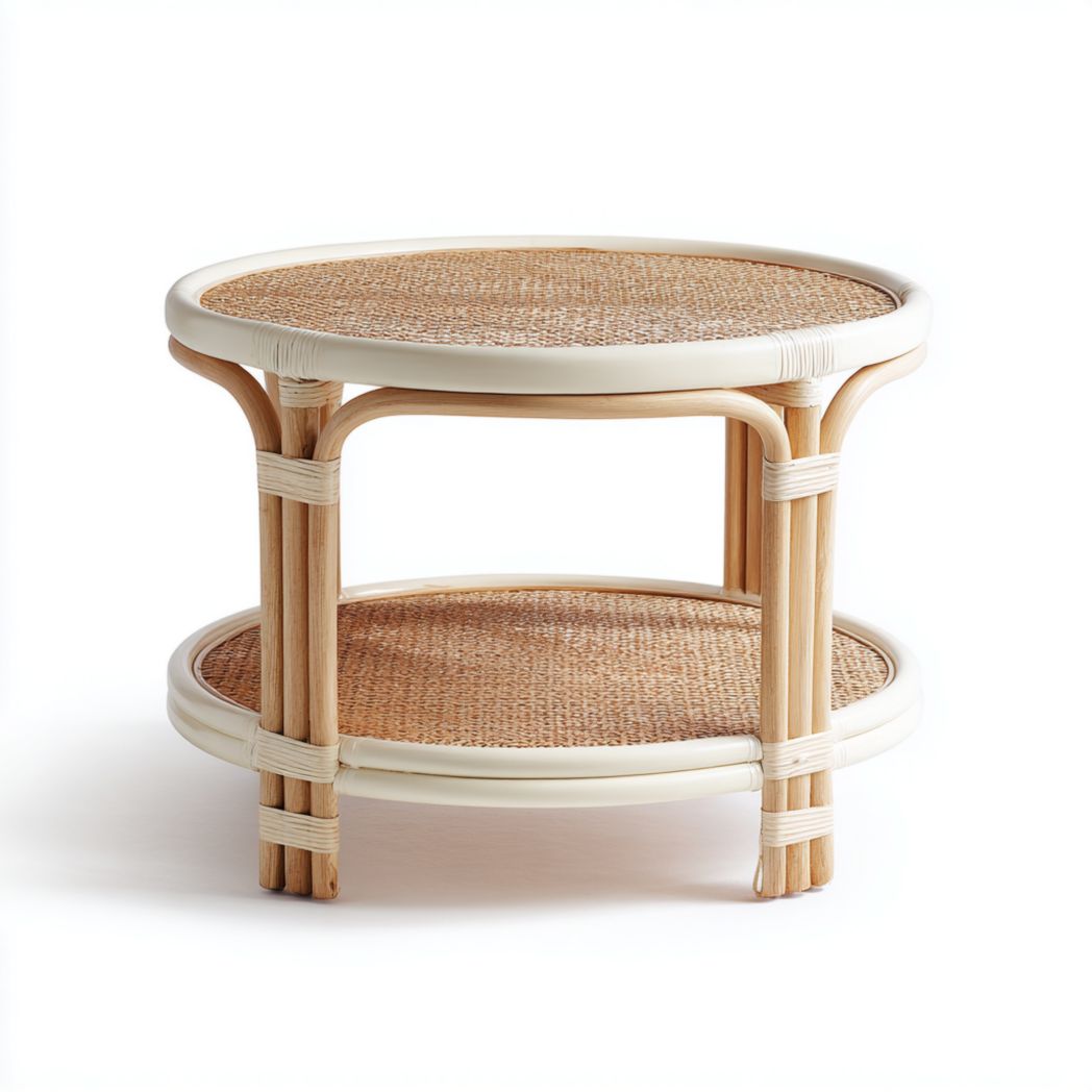 Table basse ronde à deux niveaux en rotin