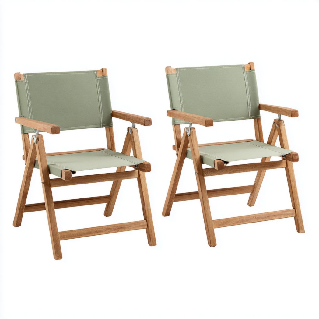Lot de 2 chaises de jardin pliantes en bois avec assise et dossier en tissu vert