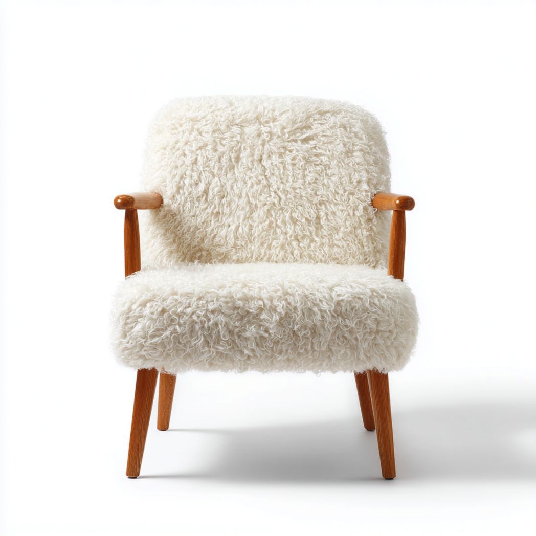 Fauteuil en bois avec cuir d'agneau blanc cassé