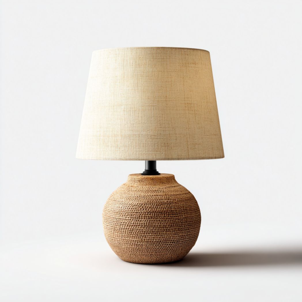 Lampe de table avec pied rond effet tressé et abat-jour en tissu beige