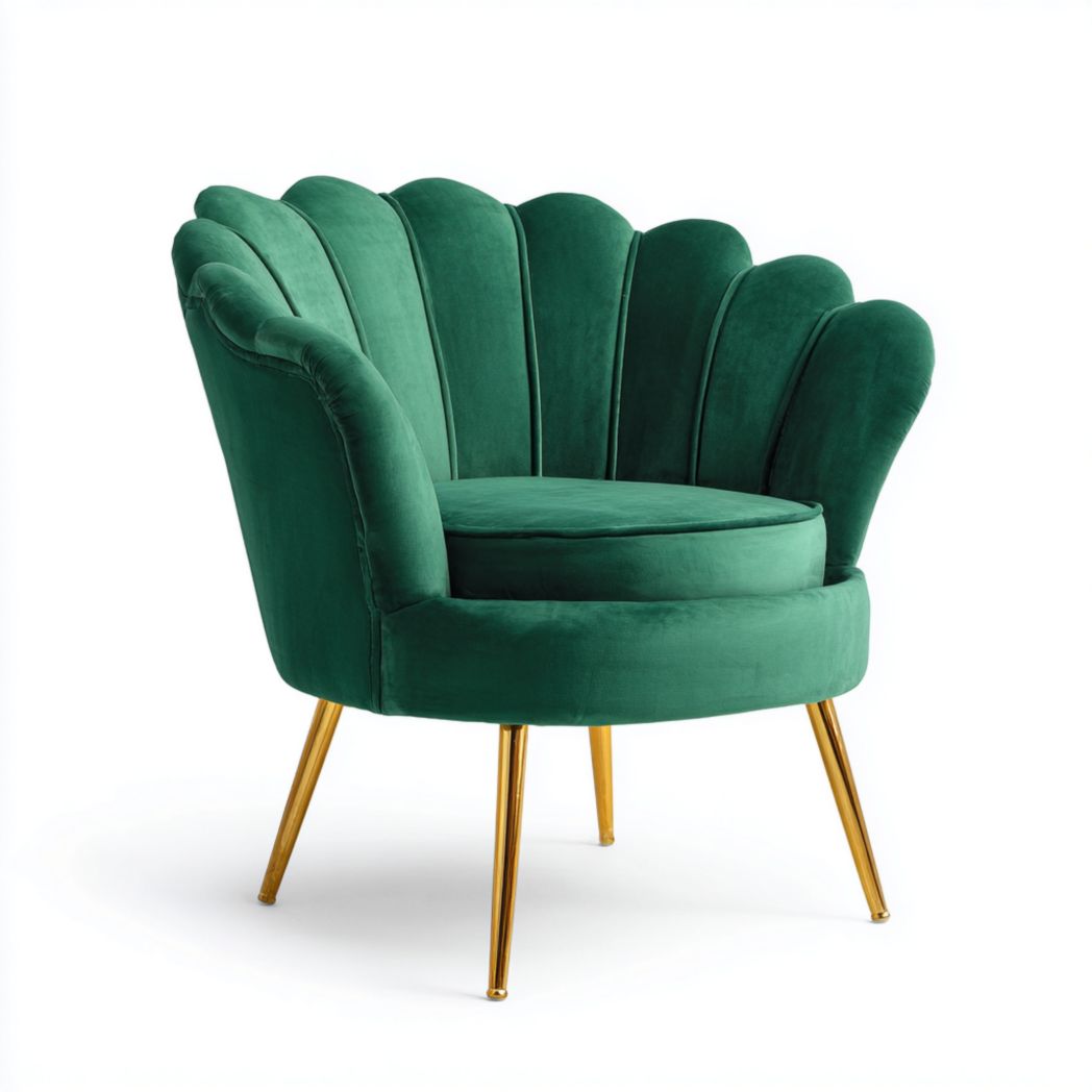 Fauteuil en velours vert à pieds métalliques dorés