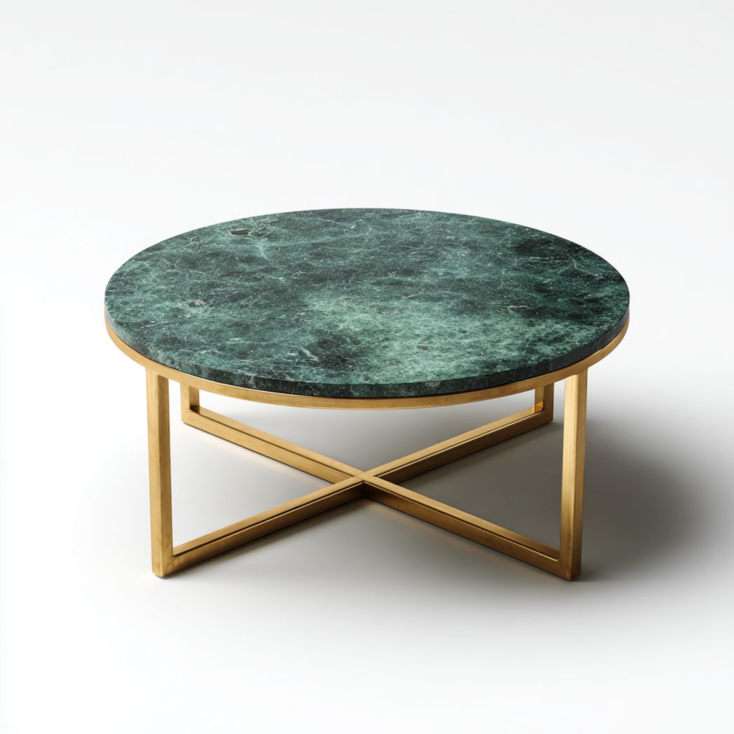 Table basse ronde en marbre vert avec structure en métal doré