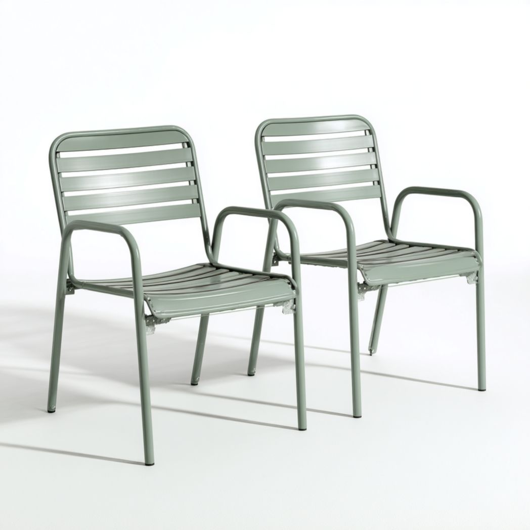Lot de 2 chaises de jardin en métal vert avec dossier à lattes et accoudoirs