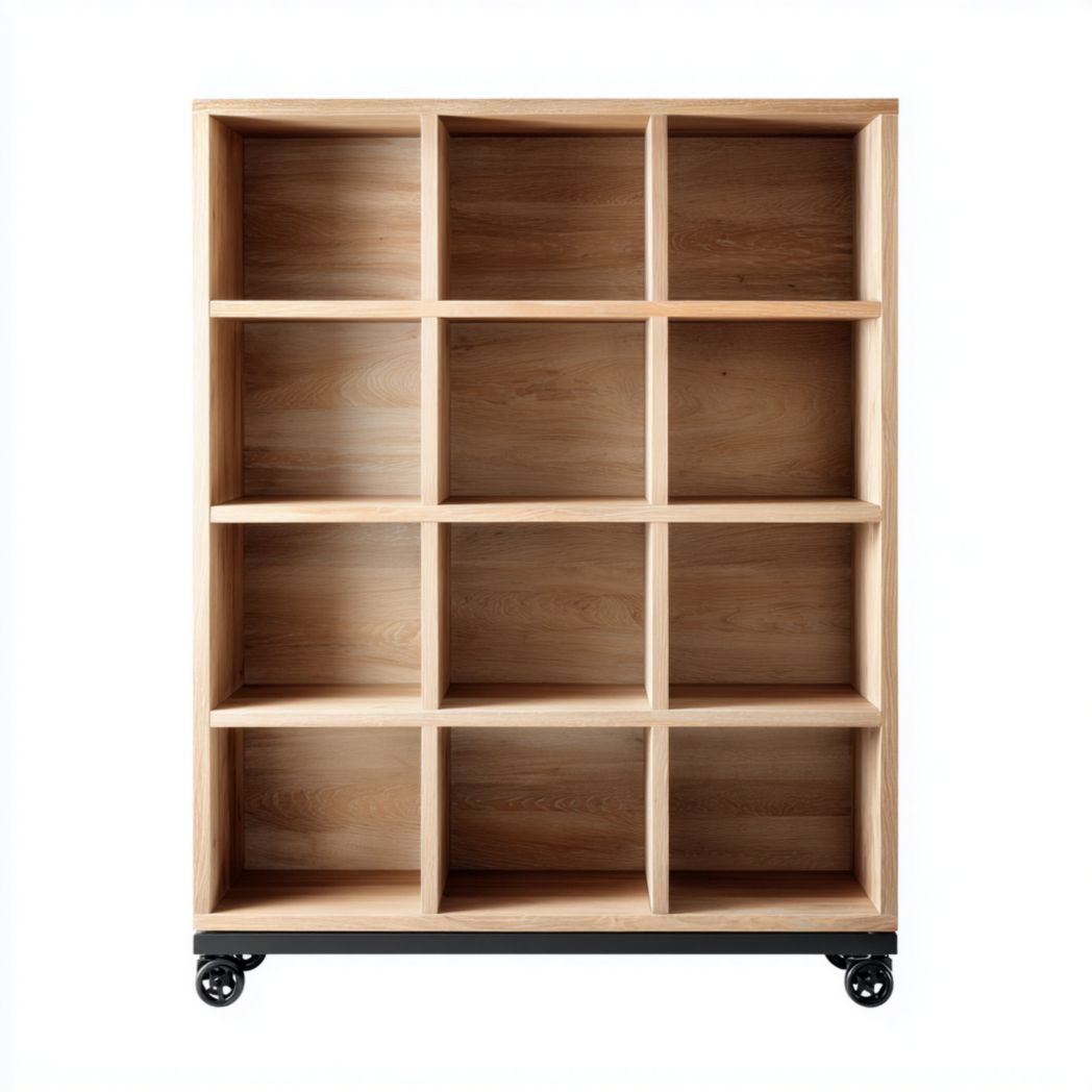 Bibliothèque douze cases bois avec roulettes