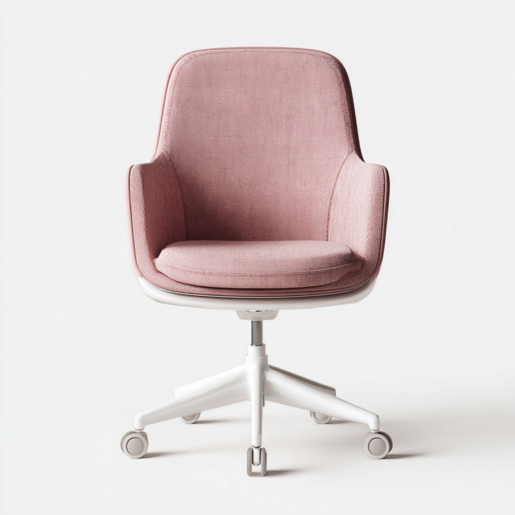 Chaise de bureau pivotante en tissu rose et base en métal blanc