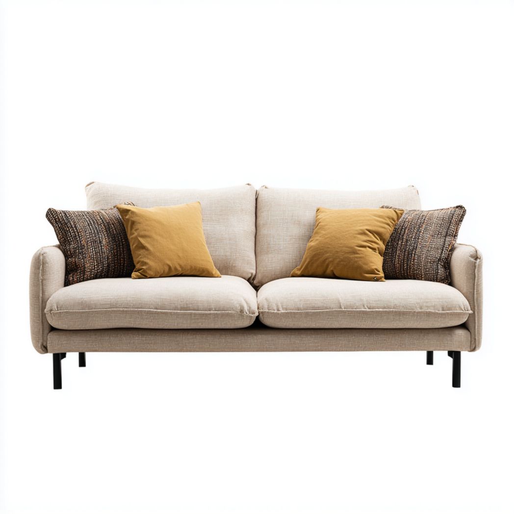 Canapé droit 2 places en tissu beige avec coussins assortis et pieds en métal