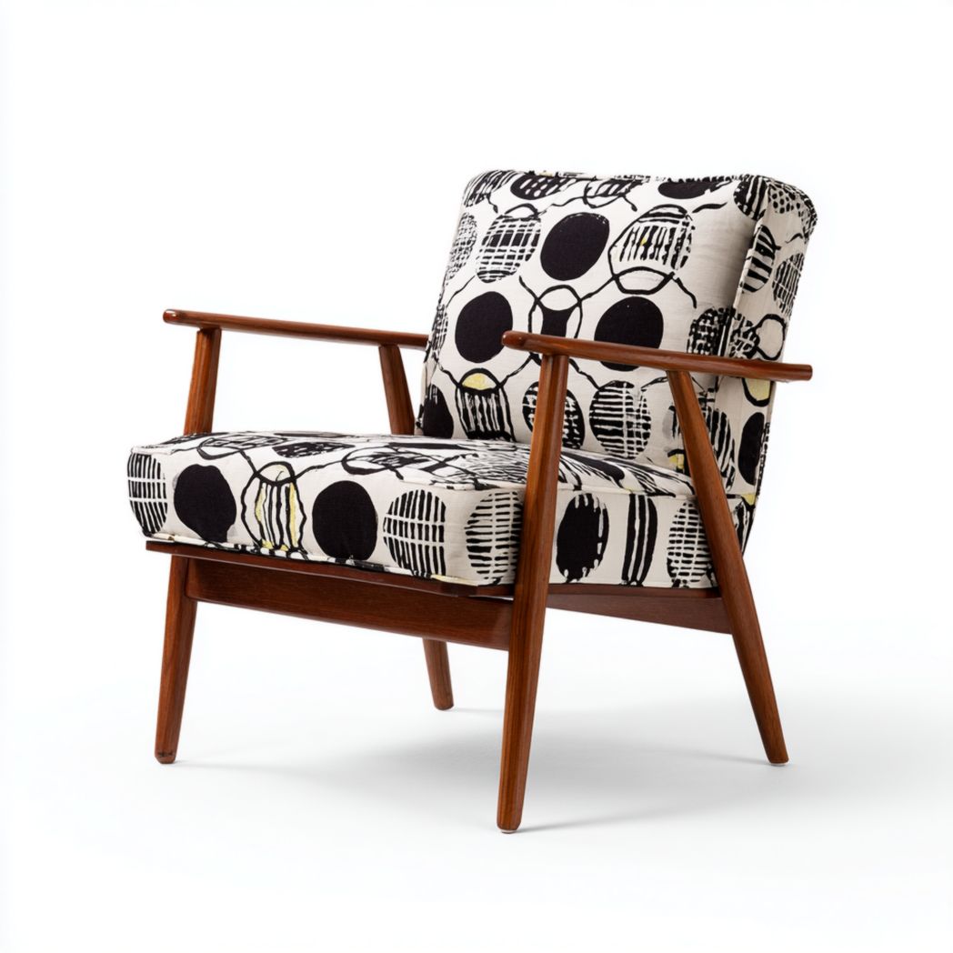 Fauteuil en tissu imprimé noir et blanc avec structure en bois