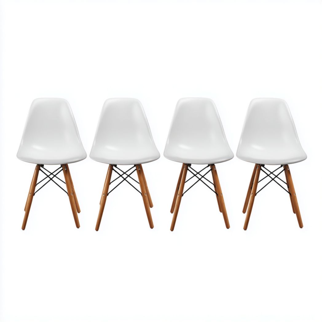 Lot de 4 chaises en plastique blanc avec pieds en bois et renfort métal
