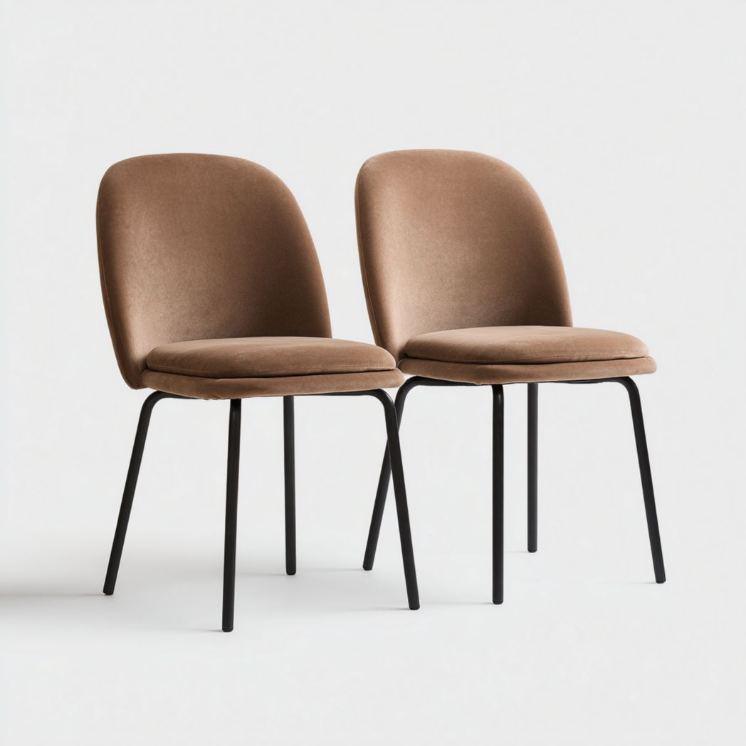 Lot de 2 chaises en velours brun sans accoudoirs avec pieds noirs en métal