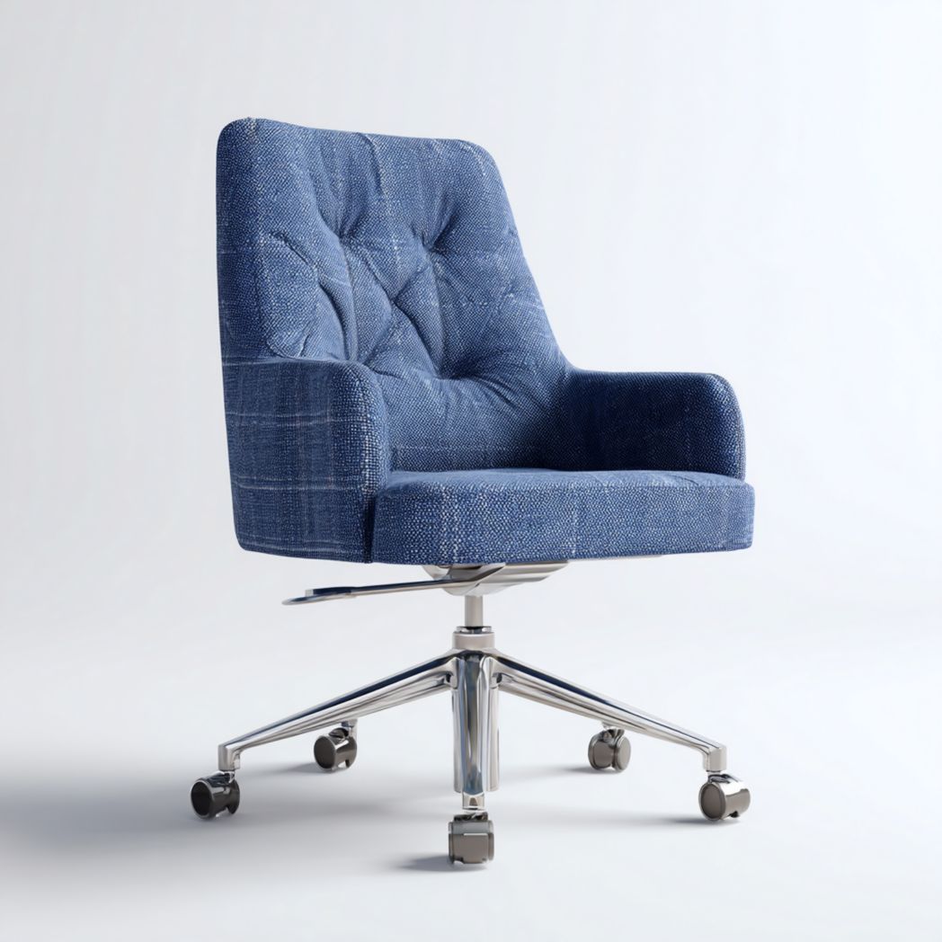 Chaise de bureau pivotante en tissu bleu avec base en métal chromé