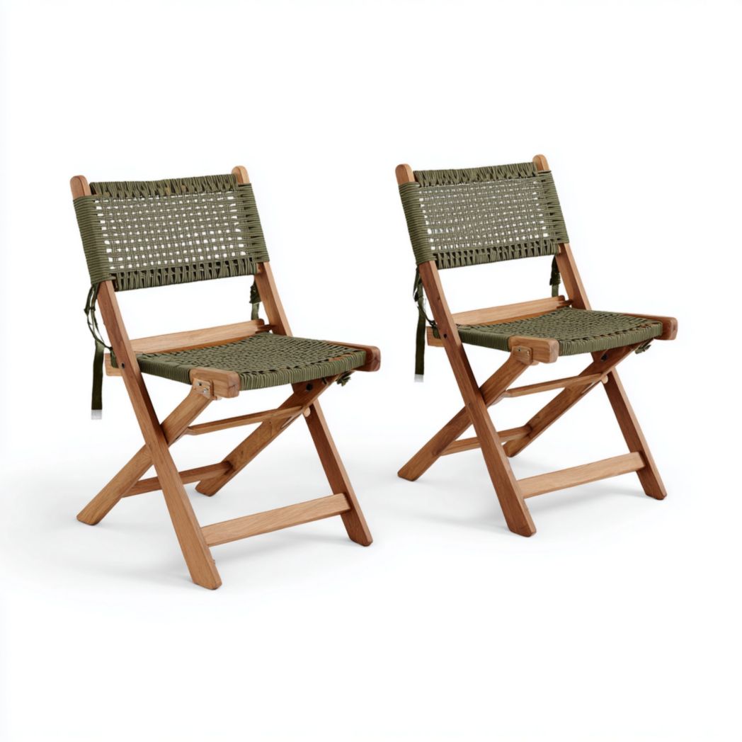 Lot de 2 chaises de jardin pliantes en bois avec assise et dossier tressés verts