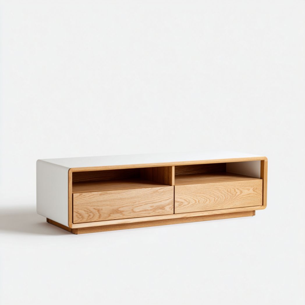 Meuble TV avec structure blanche et tiroirs en bois