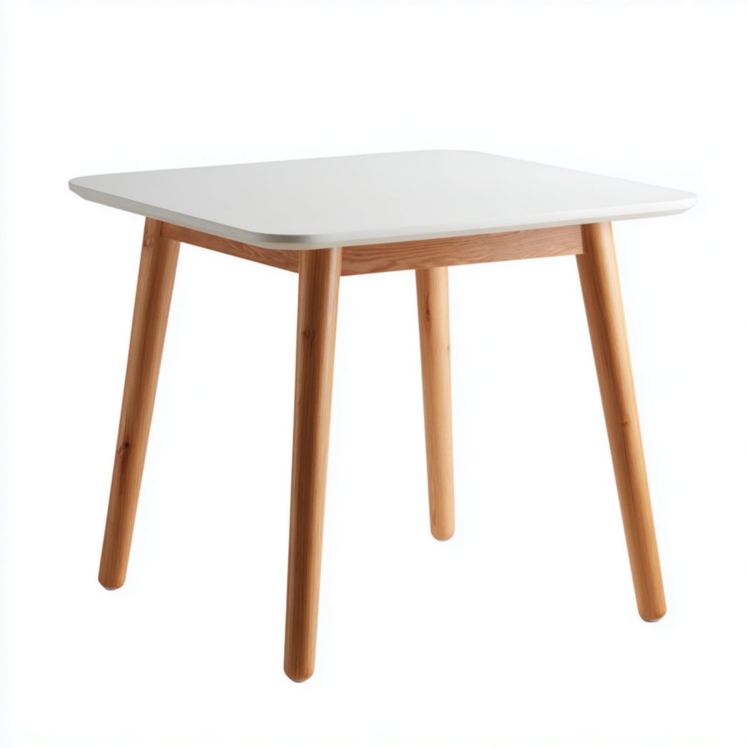 Table à manger carrée blanche avec pieds en brun clair