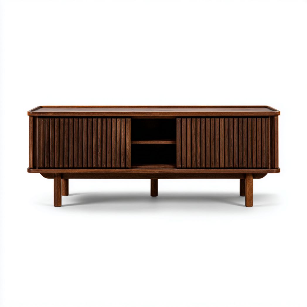 Meuble TV en noyer foncé à portes coulissantes rainurées