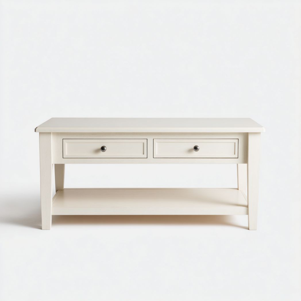Table basse rectangulaire en bois blanc avec deux tiroirs
