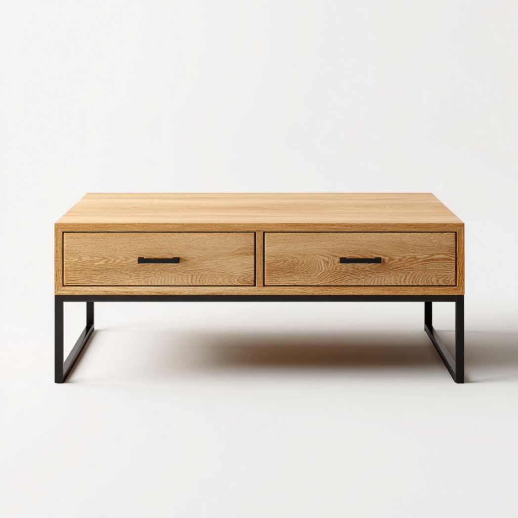 Table basse rectangulaire en bois avec deux tiroirs et structure en métal noir