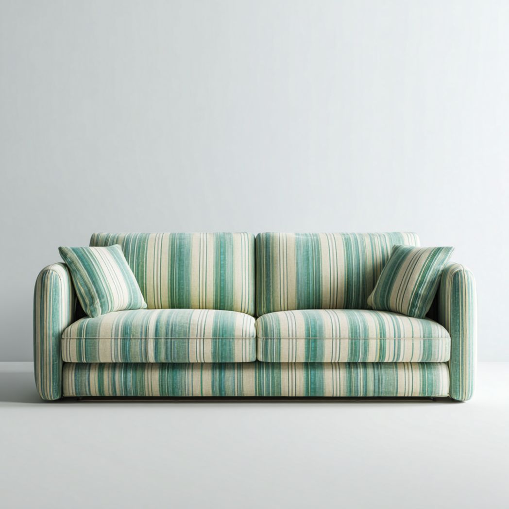 Canapé droit 2 places en tissu rayé vert et beige avec coussins décoratifs