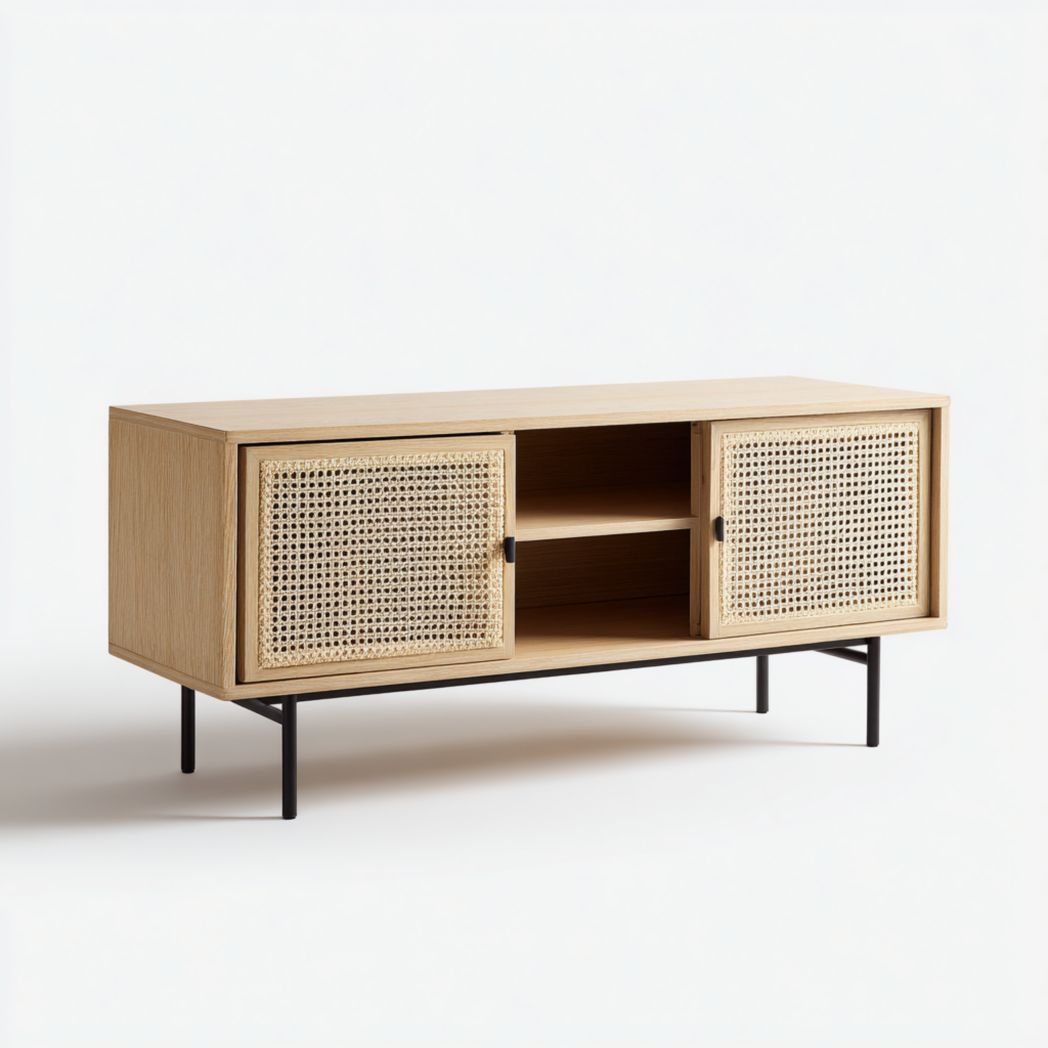 Meuble TV bois avec portes en rotin et pieds en métal noir