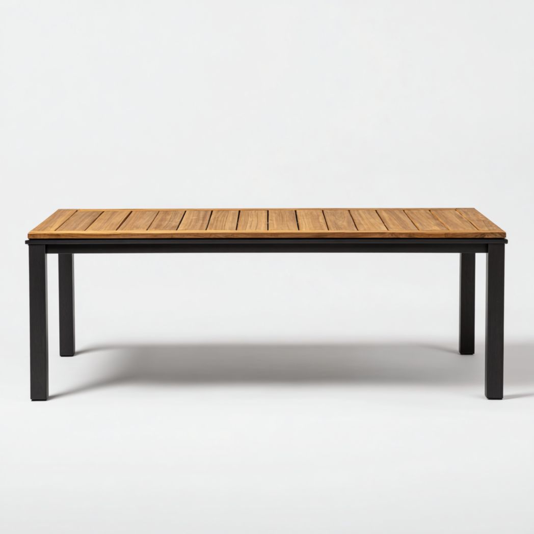 Table de jardin rectangulaire en teck et pieds en métal noir