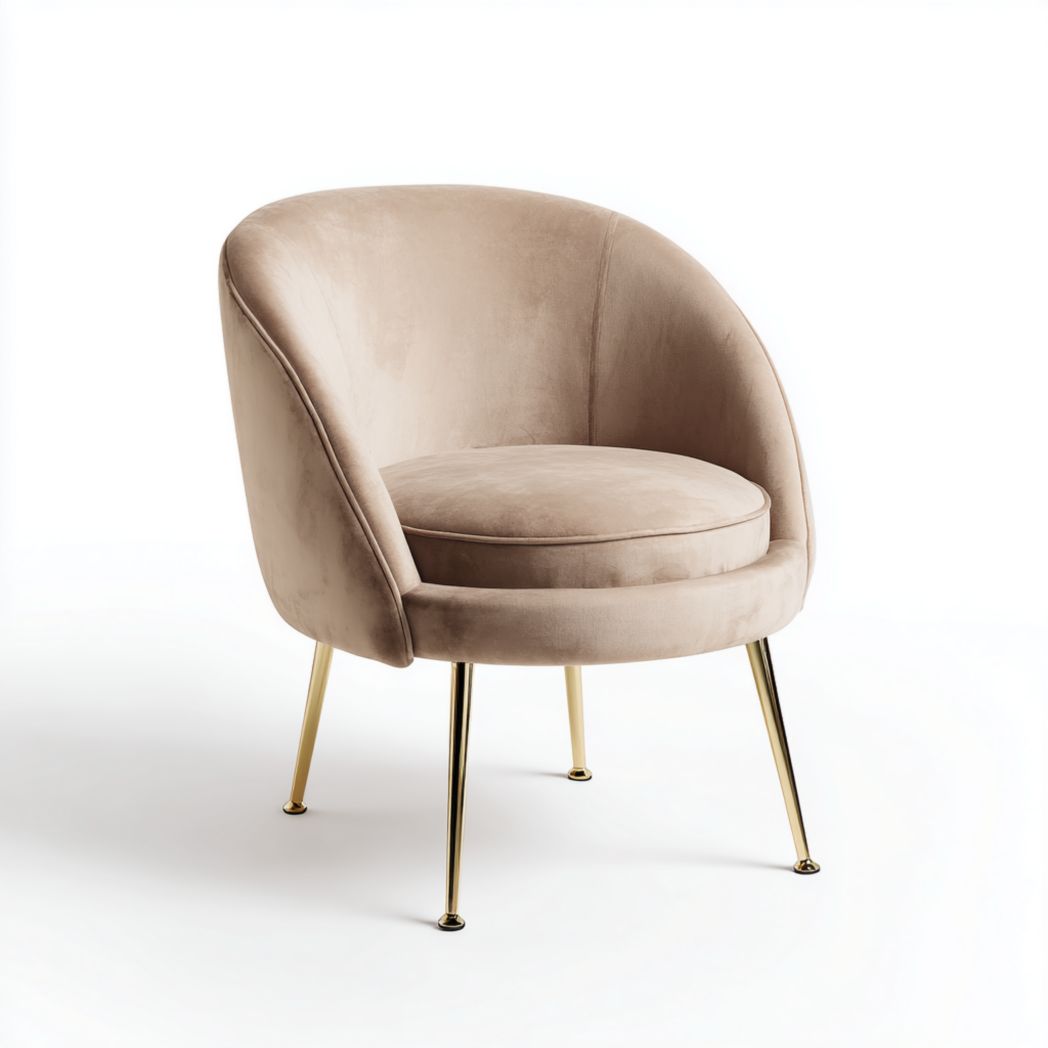 Fauteuil en velours beige avec coussins d'assise ronds et pieds en métal doré