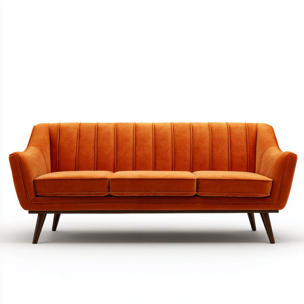 Canapé droit 3 places en velours orange avec piètement bois