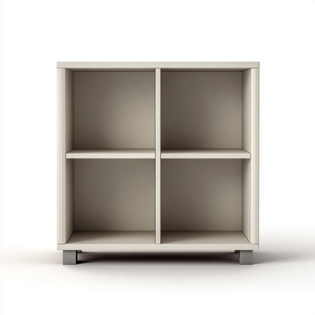 Bibliothèque quatre cases carrées gris clair avec pieds en métal