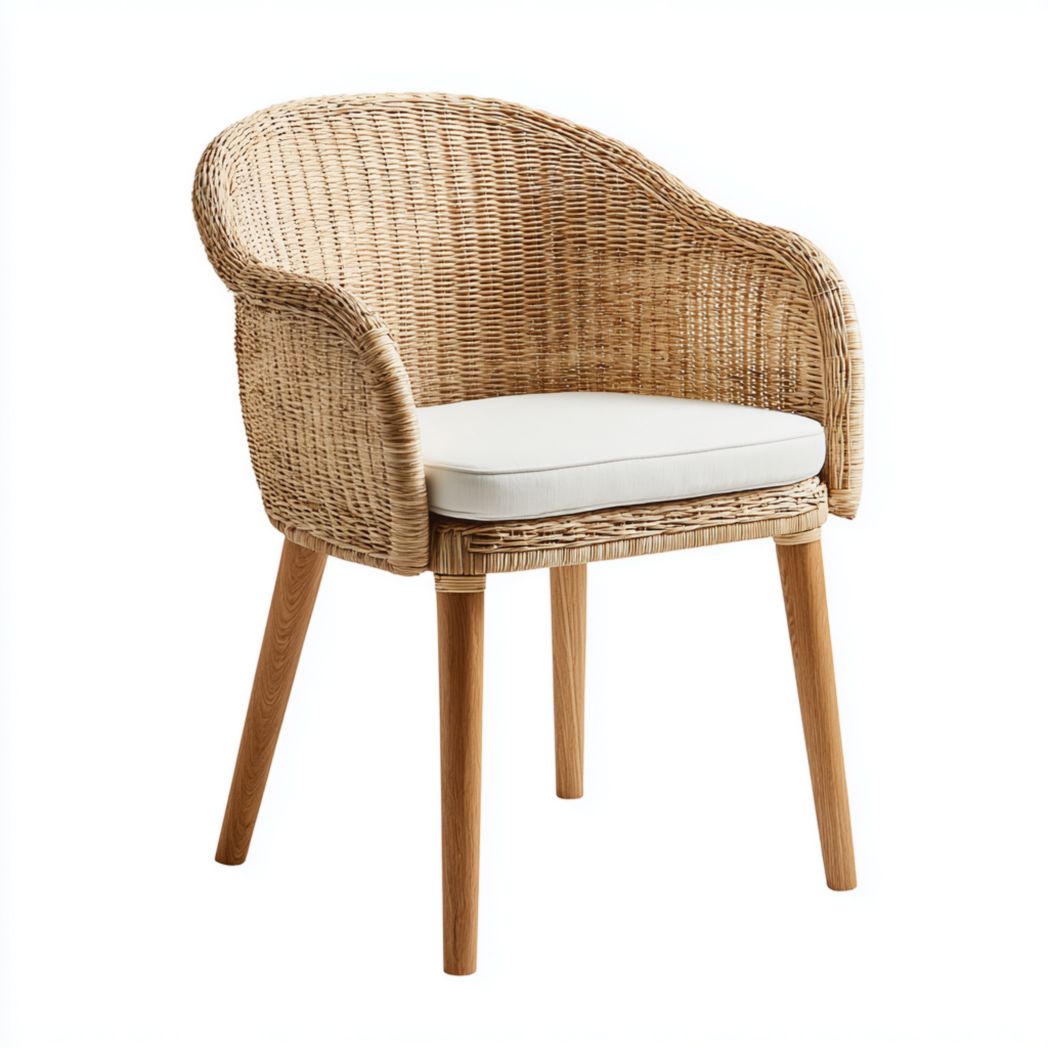 Chaise de jardin en rotin avec accoudoirs, pieds en bois et coussin blanc